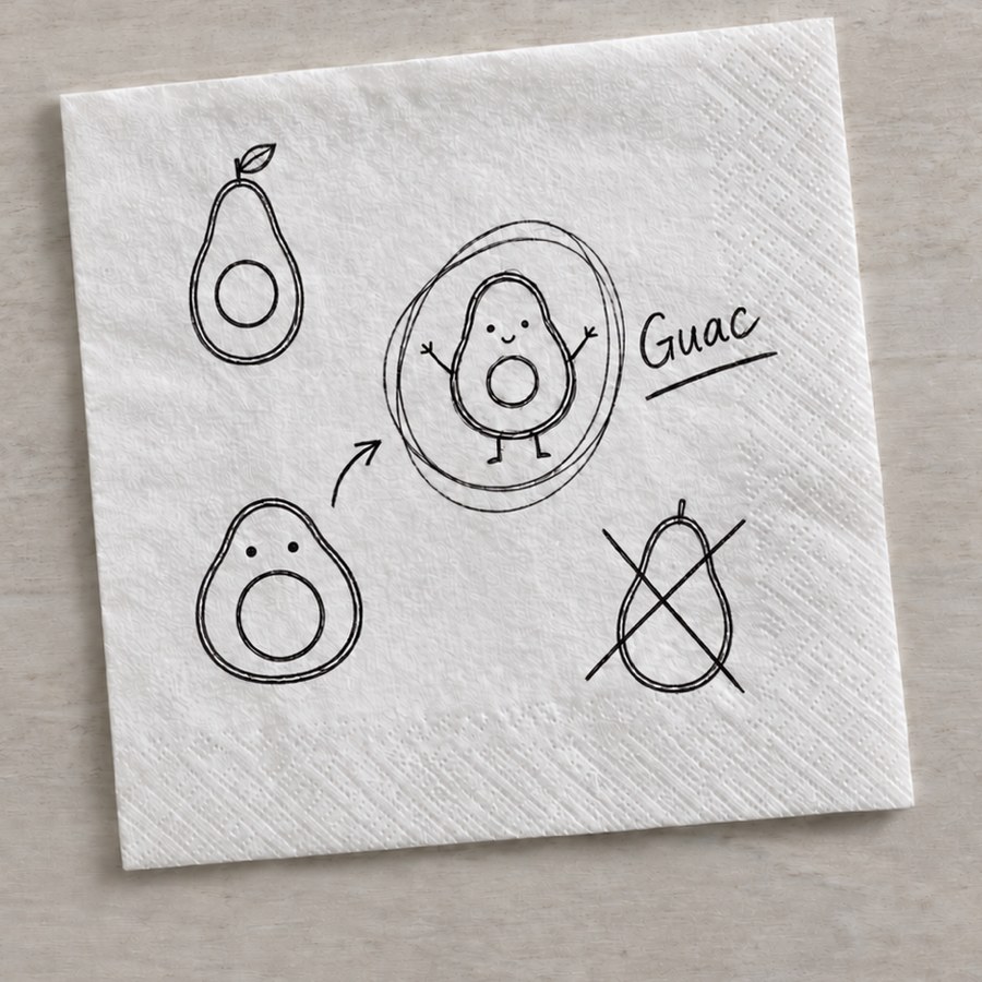 Quick sketches of the Guac logo on a napkin