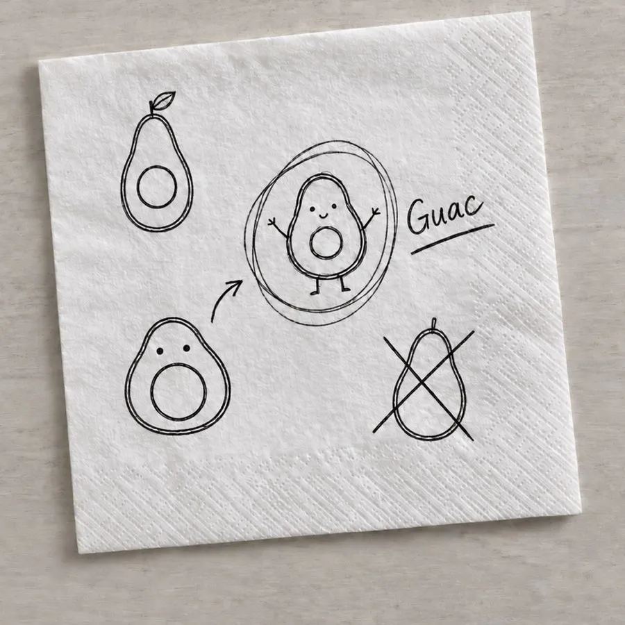 Bocetos rápidos del logo de Guac en una servilleta