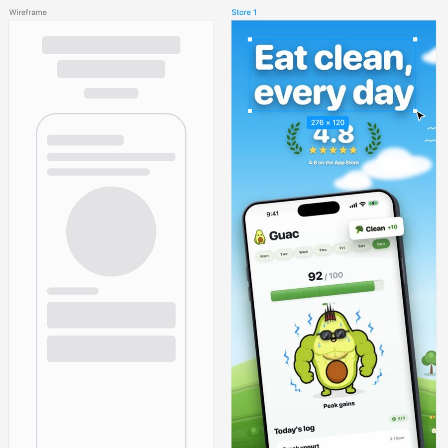 Guac App Store screens being designed, wireframe next to the finished screen