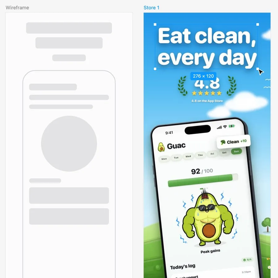 Pantallas de Guac para el App Store en diseño, el wireframe junto a la pantalla terminada
