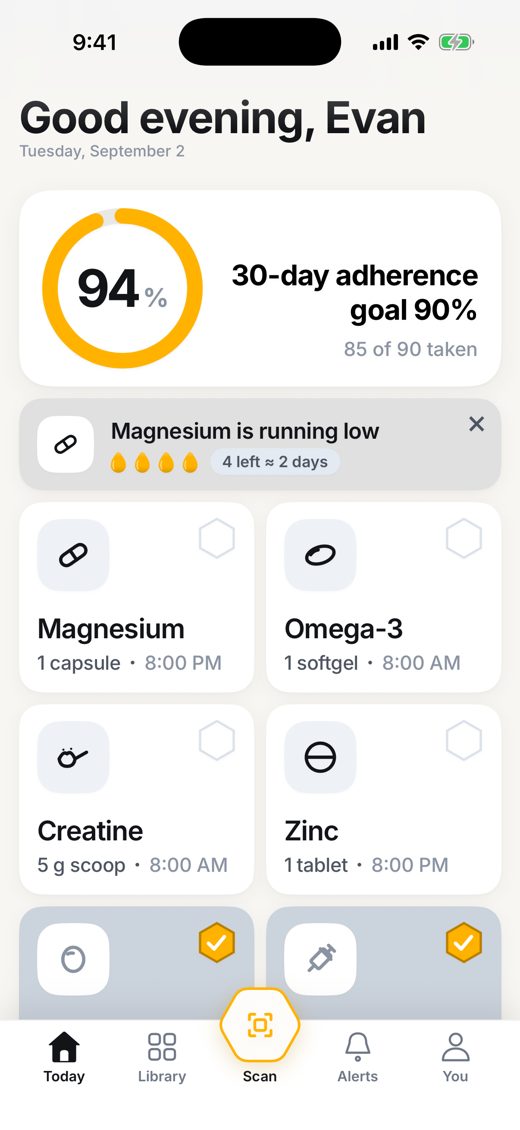 Daily Dose today screen with 30-day adherence
