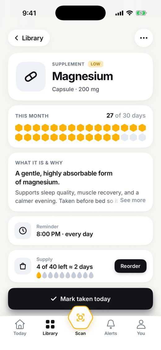 Daily Dose detail for magnesium with what it is and why