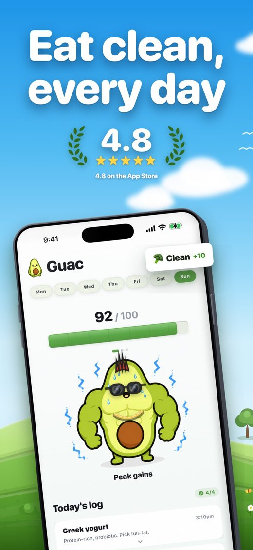 Guac home screen with the avocado character and daily score