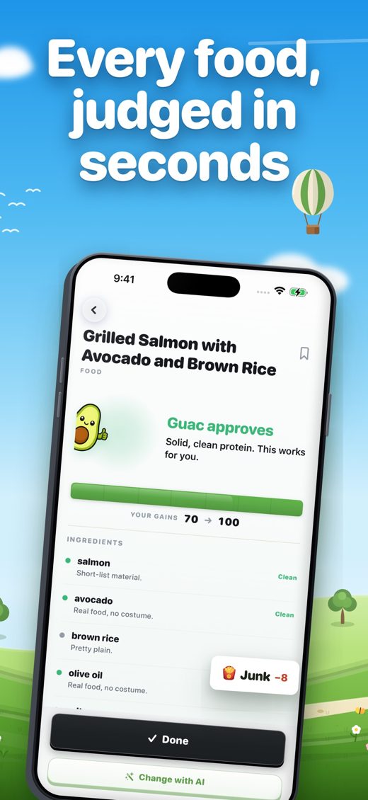 Guac judging a grilled salmon meal in seconds