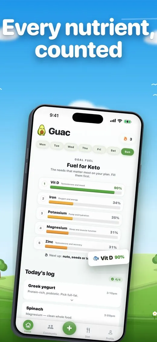 Pantalla de la app Guac para iPhone con una lista de nutrientes para una meta keto